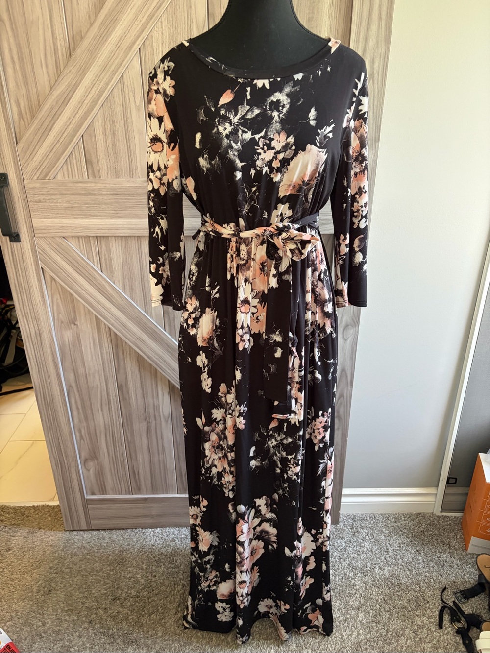 Vanilla Bay Black Maxi Dress with Peach Floral Print